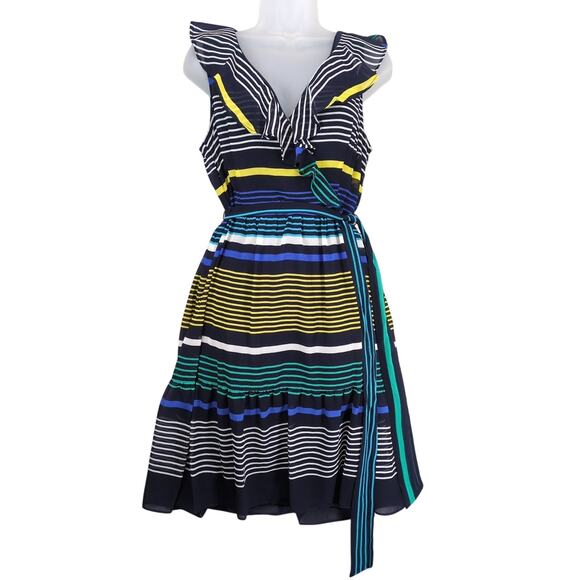 NWT DKNY Striped Chiffon V-Neck Wrap Party Dress, Sz 10 Ruffle Shoulder Midi Tie - Picture 1 of 6